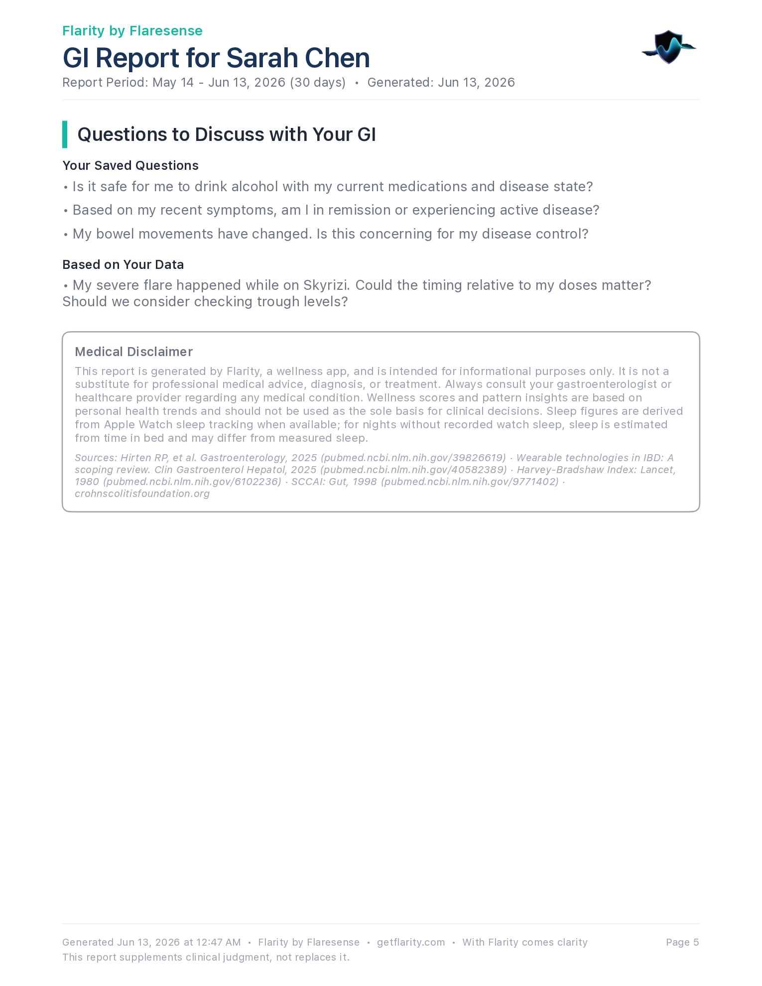 Flarity GI Report page 5: Questions to discuss & medical disclaimer