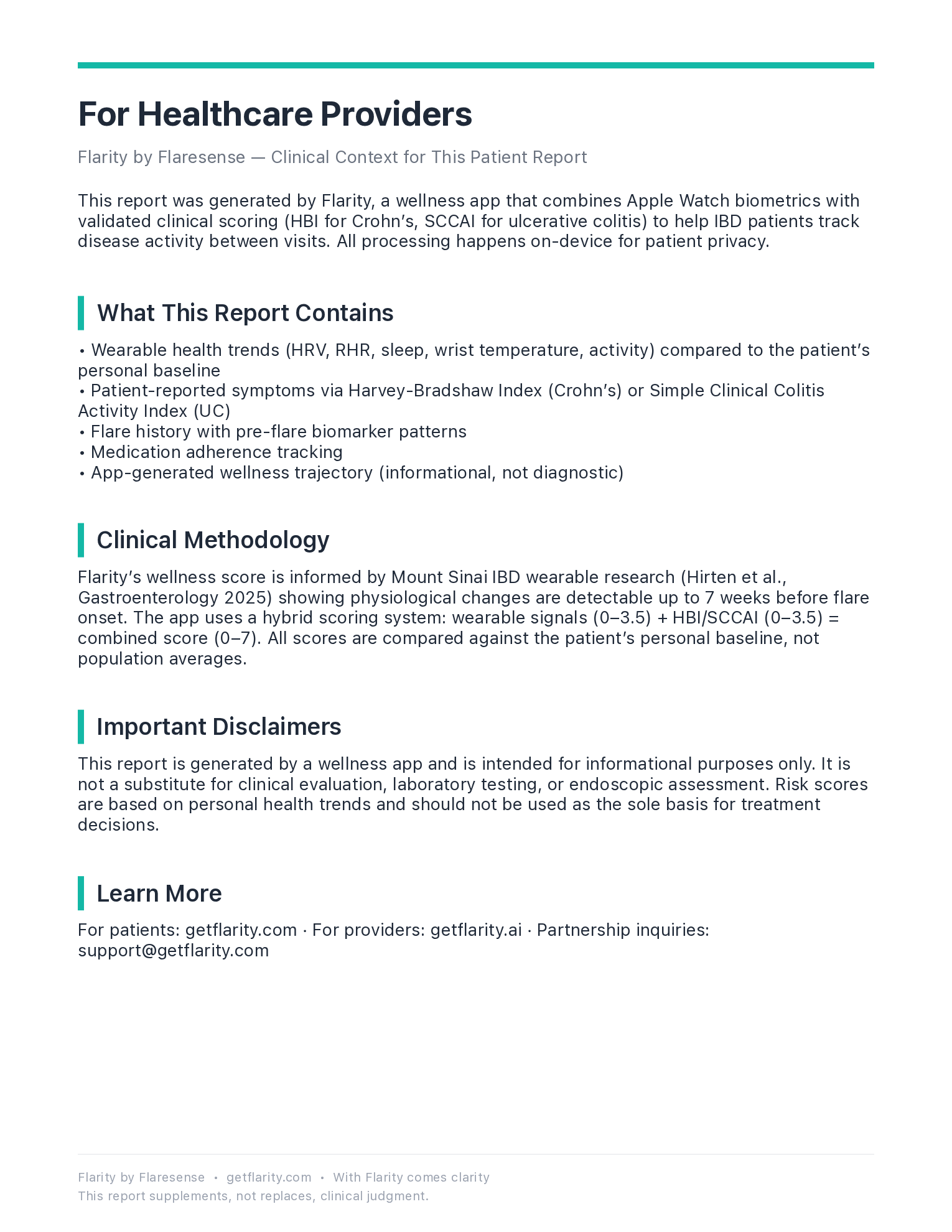 Flarity GI Report page 6: For Healthcare Providers, clinical context